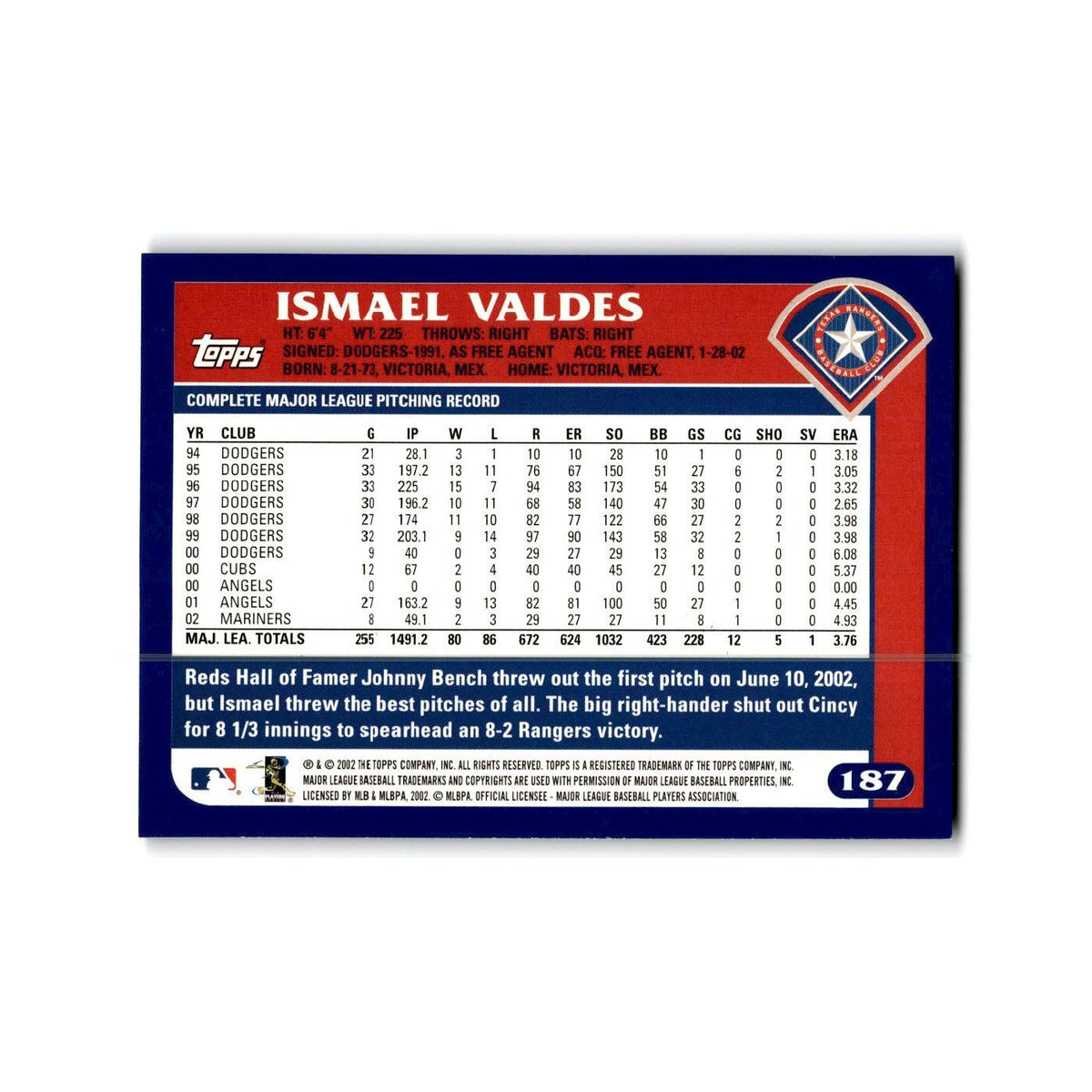Ismael Valdes 2003 Topps #187 Texas Rangers Baseball Card NM