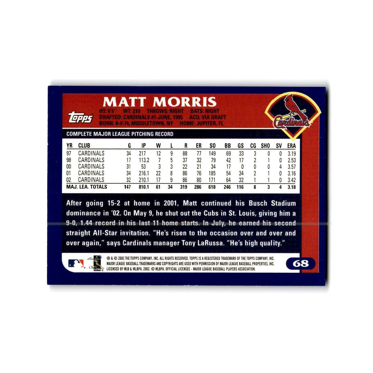 Matt Morris 2003 Topps #68 St. Louis Cardinals Baseball Card NM