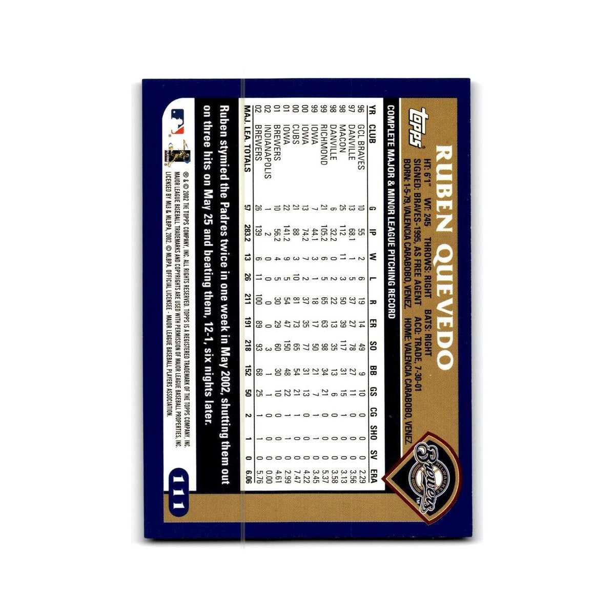 Ruben Quevedo 2003 Topps #111 Milwaukee Brewers Baseball Card NM