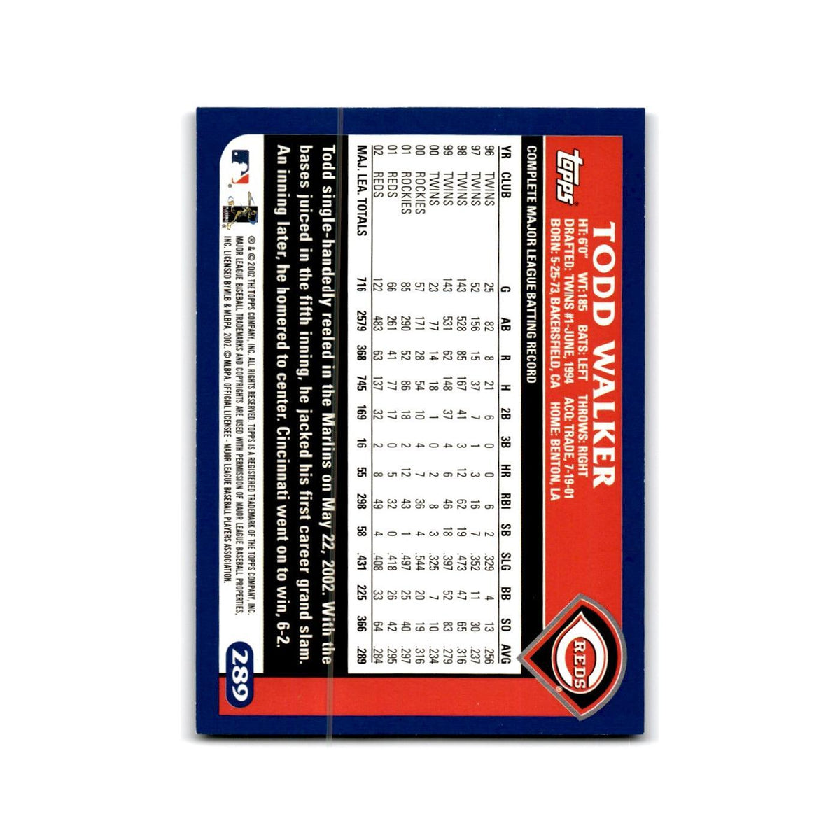 Todd Walker 2003 Topps #289 Cincinnati Reds Baseball Card NM