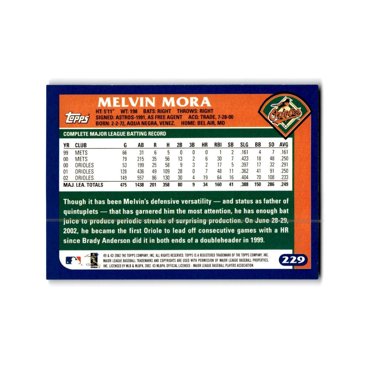 Melvin Mora 2003 Topps #229 Baltimore Orioles Baseball Card NM