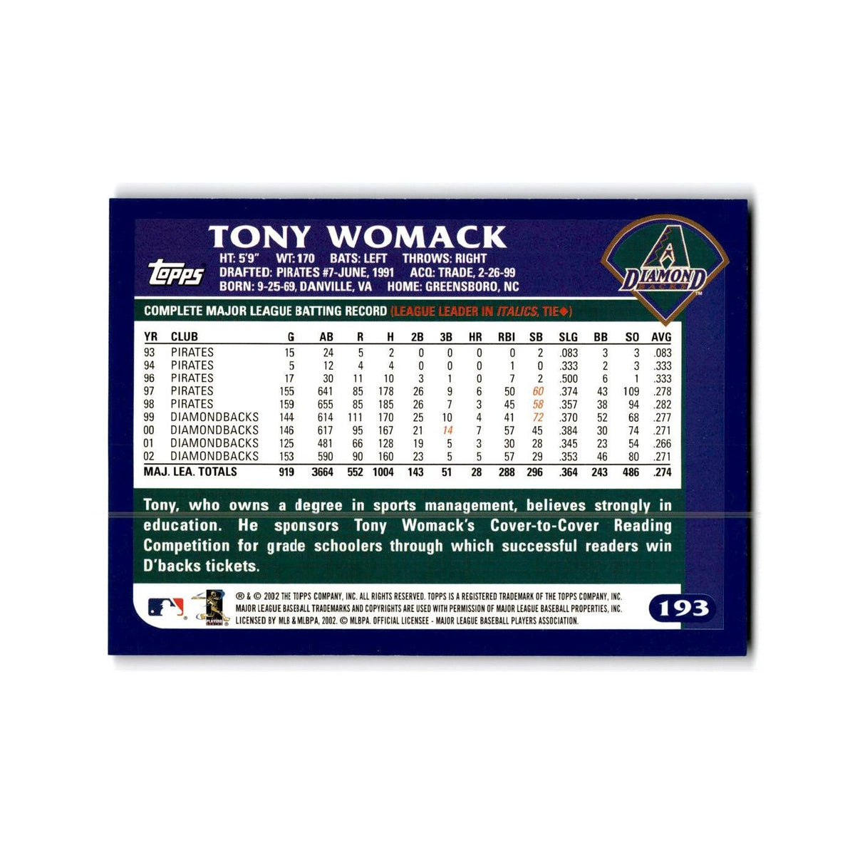 Tony Womack 2003 Topps #193 Arizona Diamondbacks Baseball Card NM