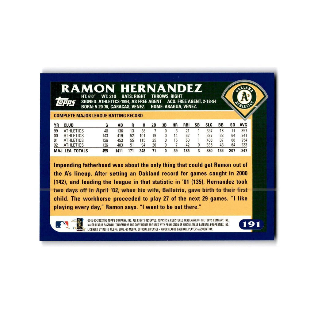 Ramon Hernandez 2003 Topps #191 Oakland Athletics Baseball Card NM
