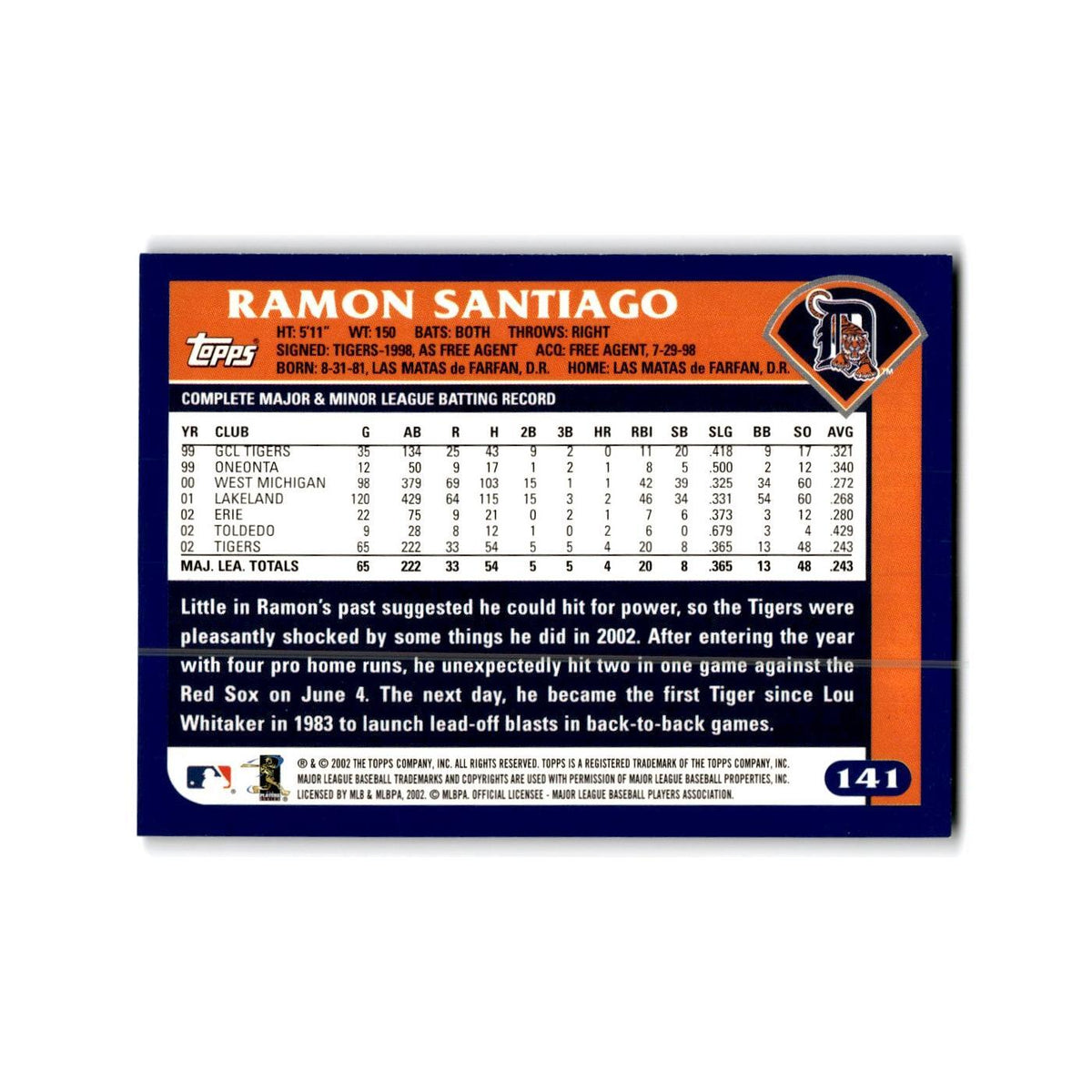 Ramon Santiago 2003 Topps #141 Detroit Tigers Baseball Card NM