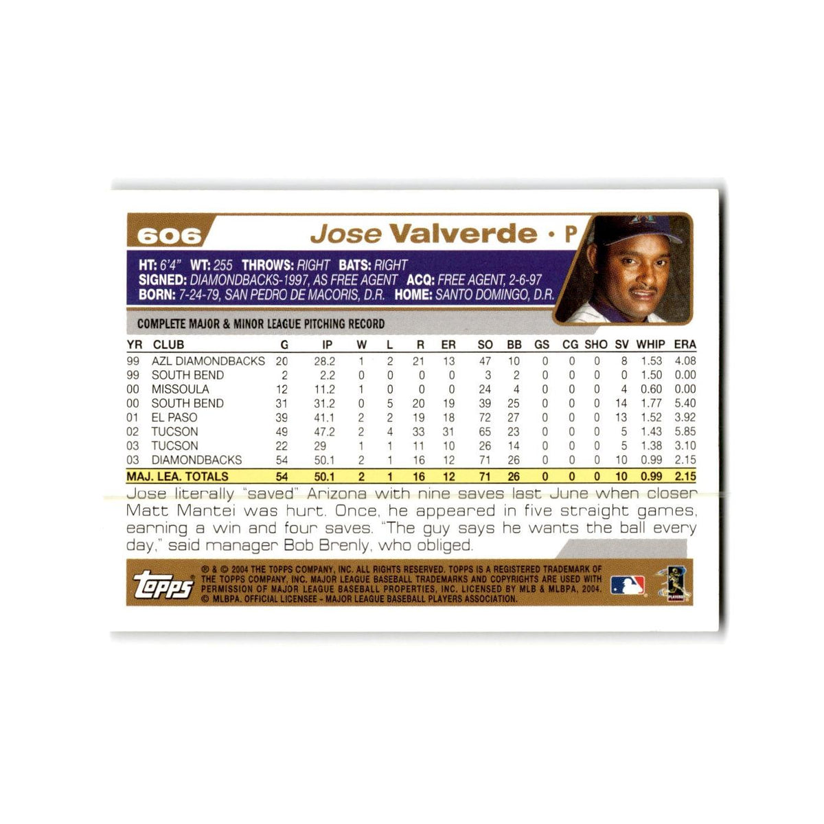 Jose Valverde 2004 Topps #606 Arizona Diamondbacks Baseball Card NM