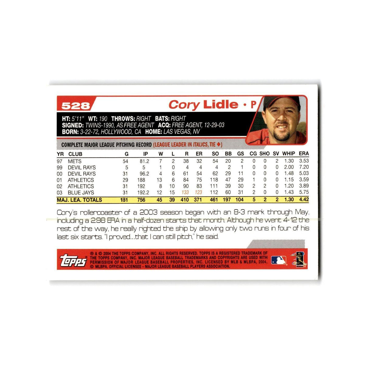 Cory Lidle 2004 Topps #528 Cincinnati Reds Baseball Card NM