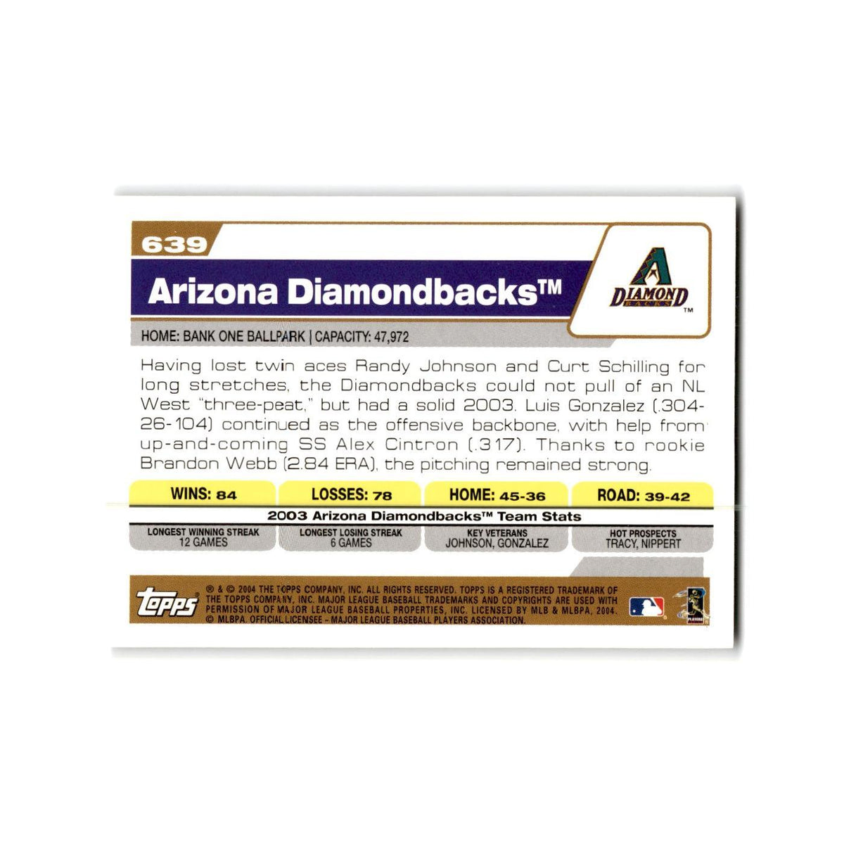 Arizona Diamondbacks 2004 Topps #639 Arizona Diamondbacks Baseball Card NM