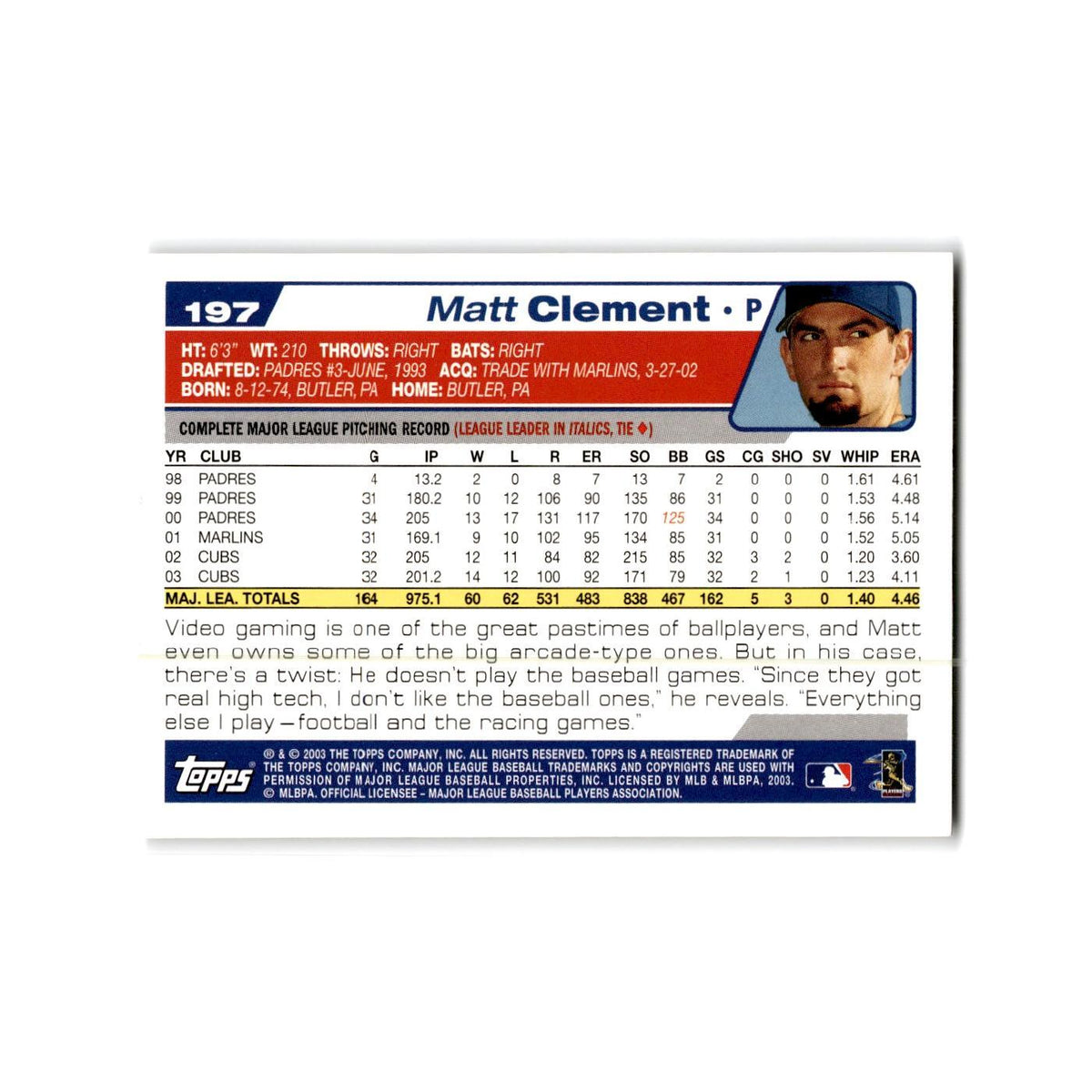 Matt Clement 2004 Topps #197 Chicago Cubs Baseball Card NM