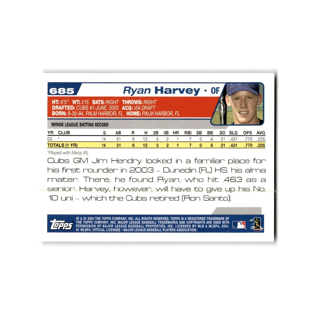 Ryan Harvey Rookie 2004 Topps #685 Chicago Cubs Baseball Card NM
