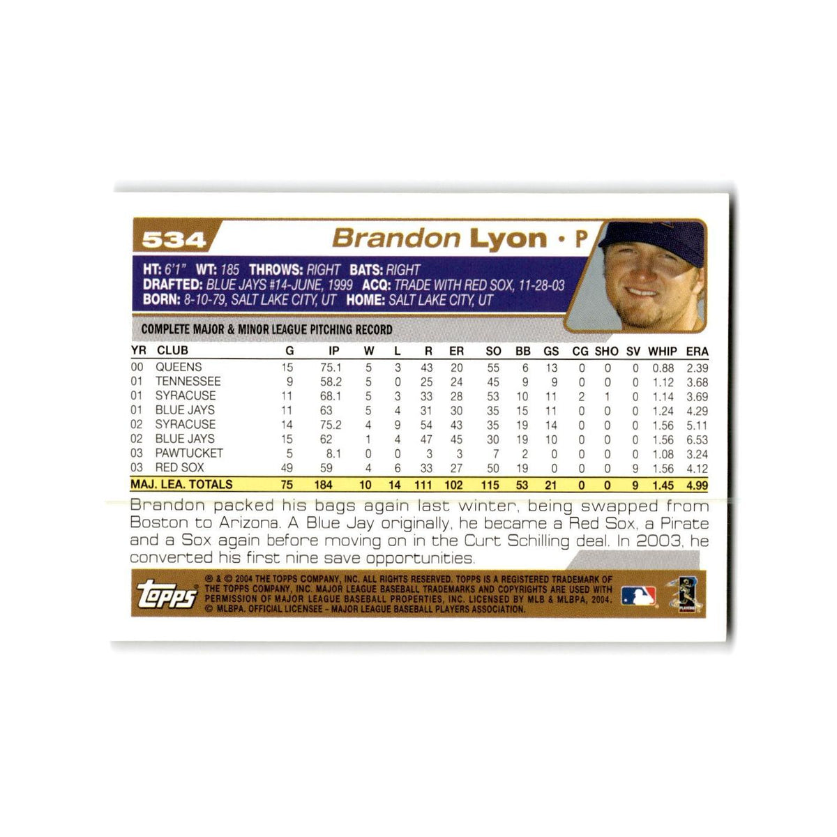 Brandon Lyon 2004 Topps #534 Arizona Diamondbacks Baseball Card NM