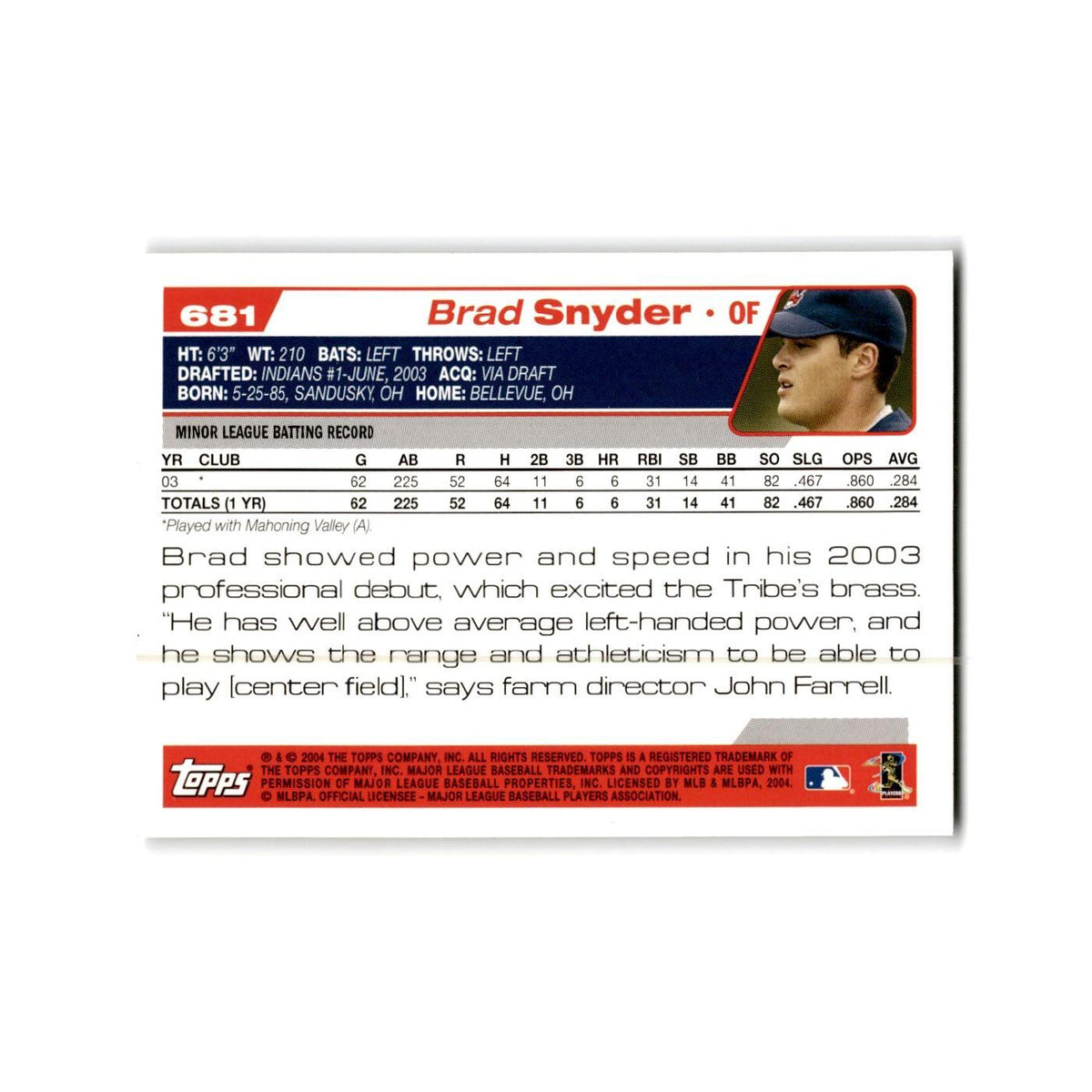 Brad Snyder Rookie 2004 Topps #681 Cleveland Indians Baseball Card NM