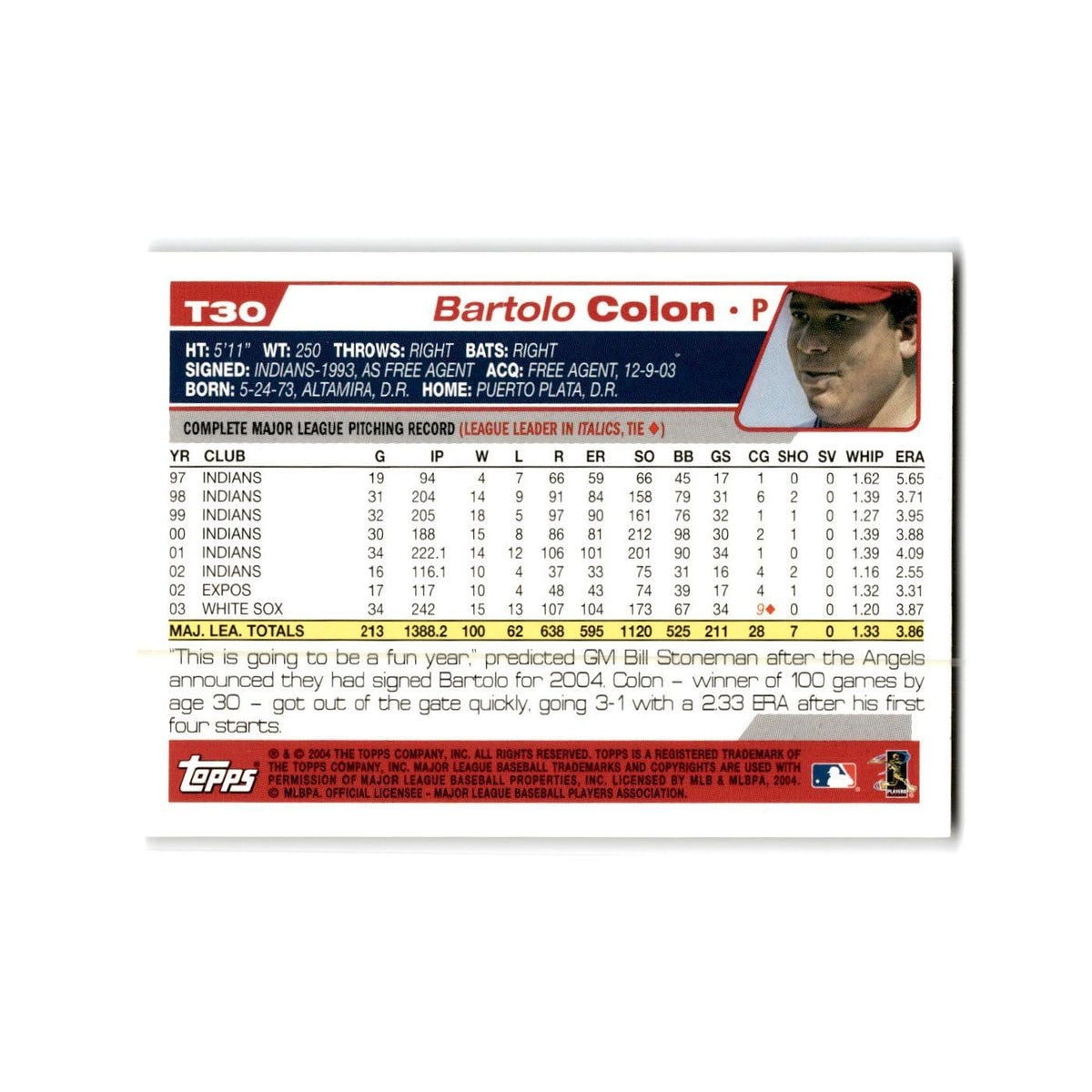 Bartolo Colon 2004 Topps #T30 Anaheim Angels Baseball Card NM