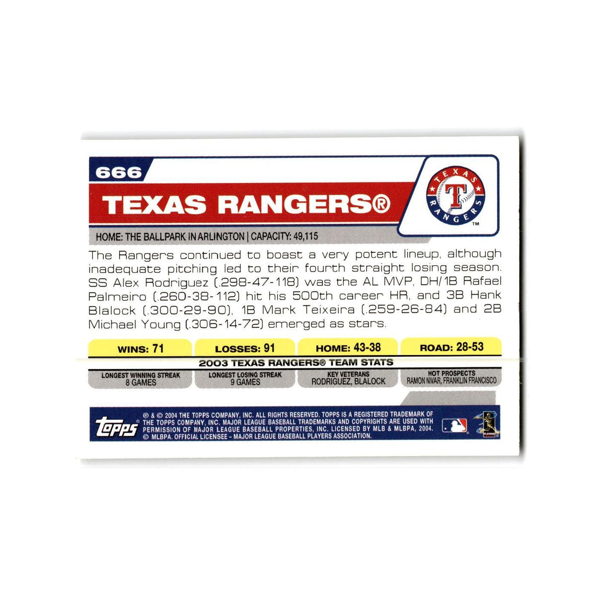 Texas Rangers 2004 Topps #666 Texas Rangers Baseball Card NM