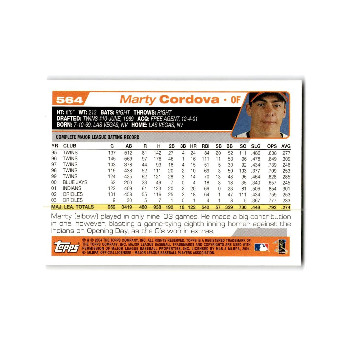 Marty Cordova 2004 Topps #564 Baltimore Orioles Baseball Card NM