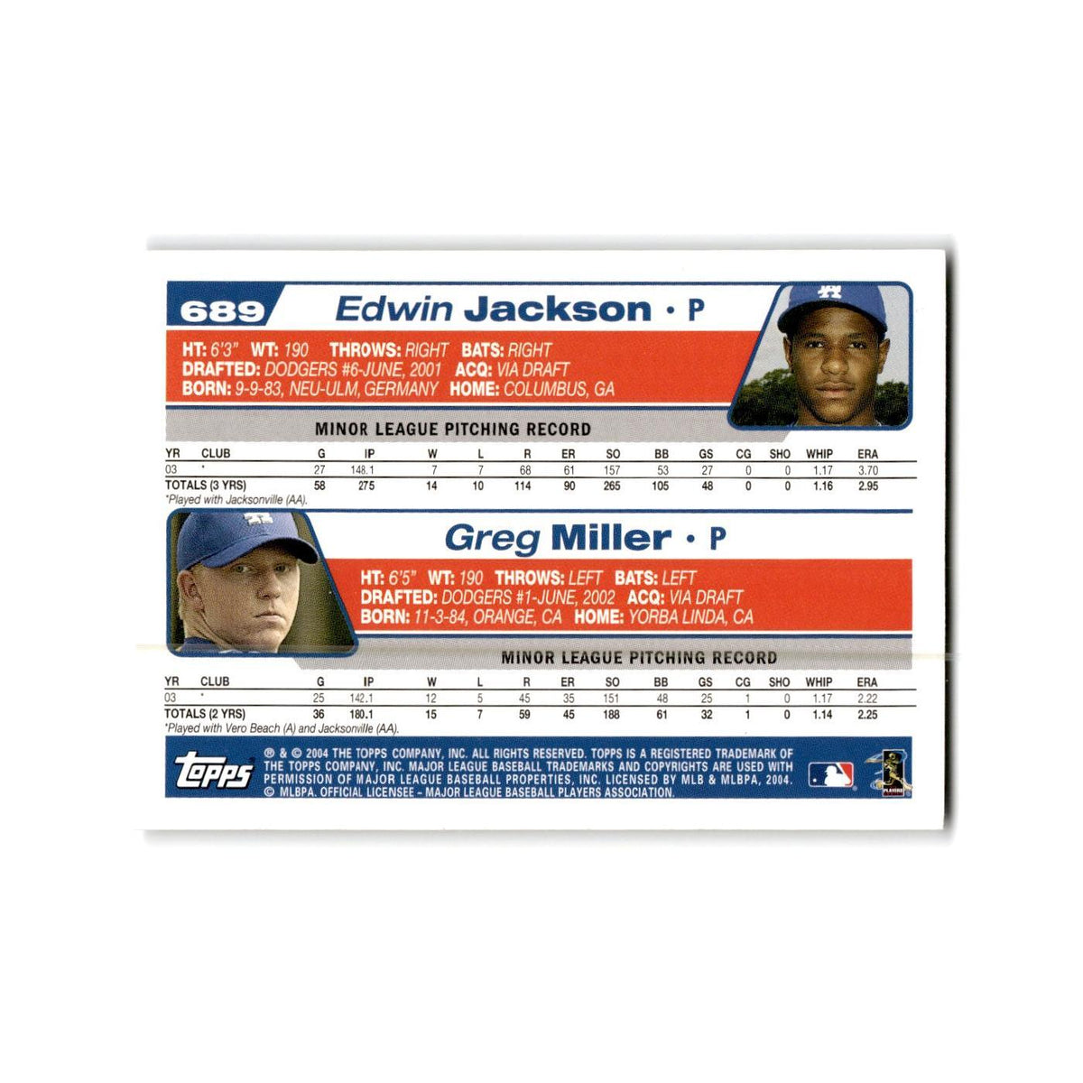 Edwin Jackson Greg Miller Rookie 2004 Topps #689 Los Angeles Dodgers NM