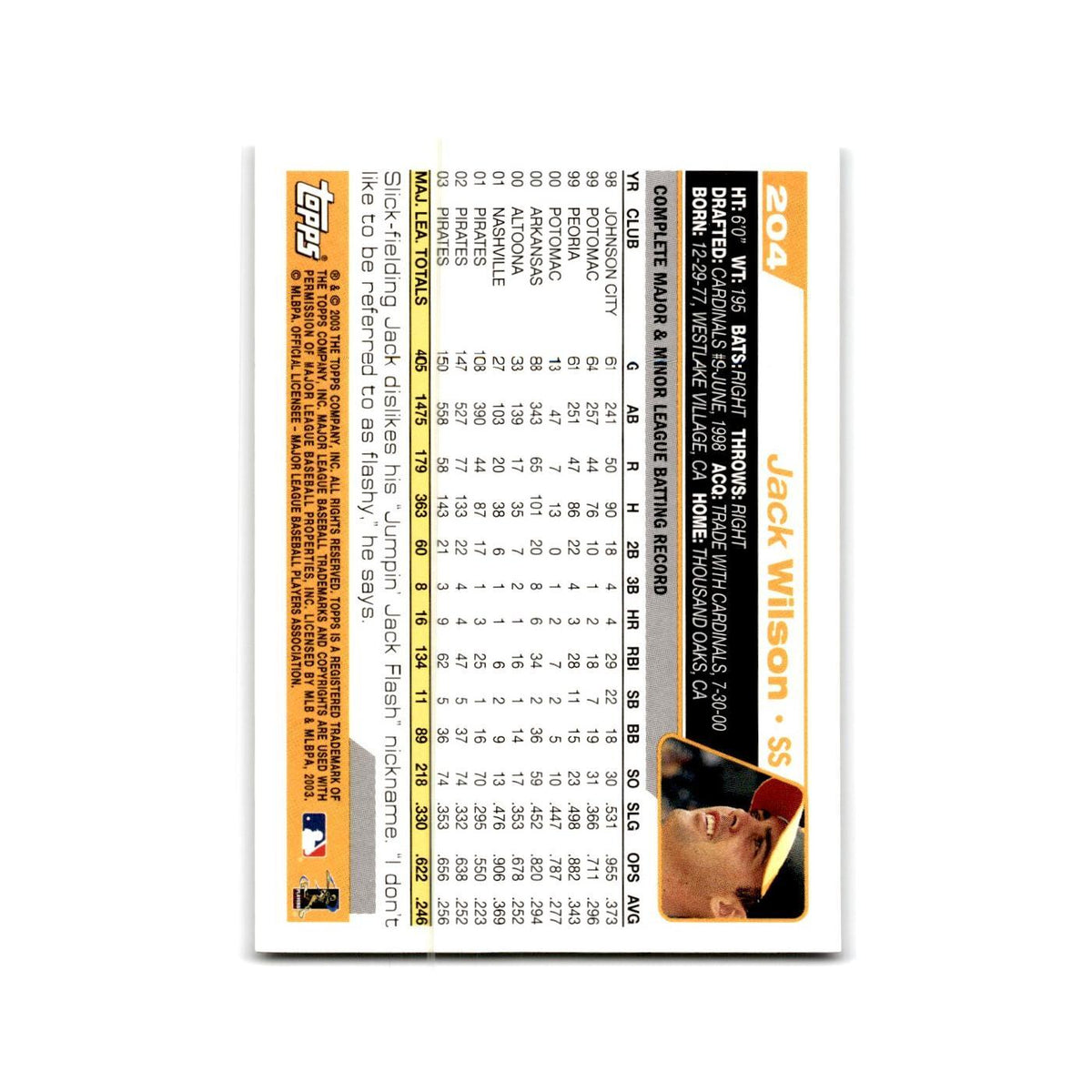 Jack Wilson 2004 Topps #204 Pittsburgh Pirates Baseball Card NM
