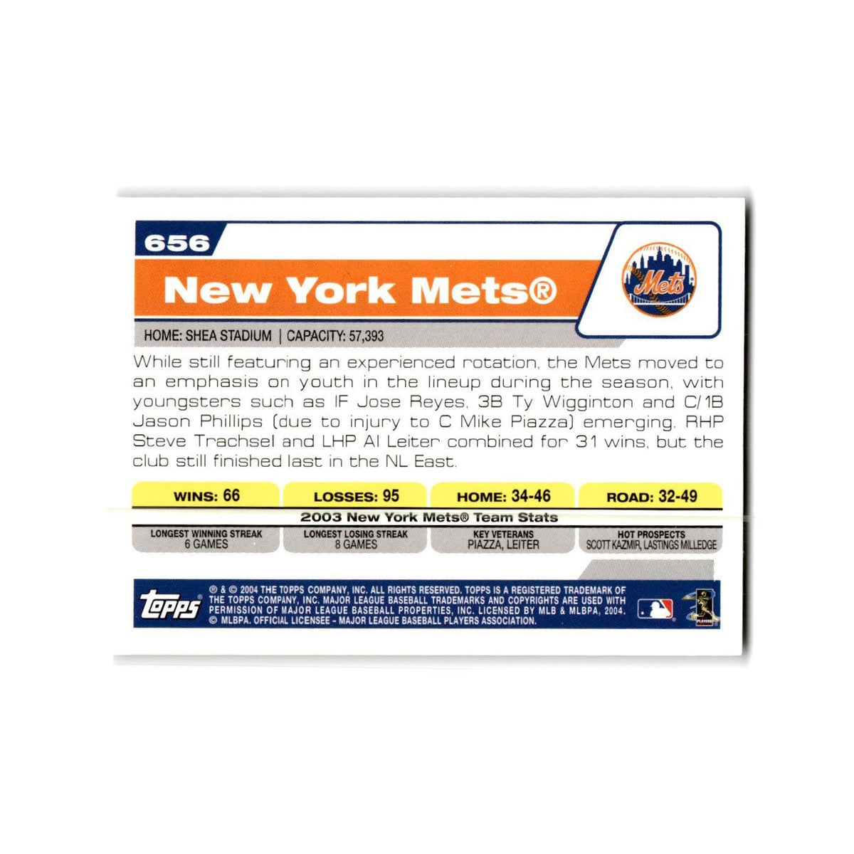 New York Mets 2004 Topps #656 New York Mets Baseball Card NM