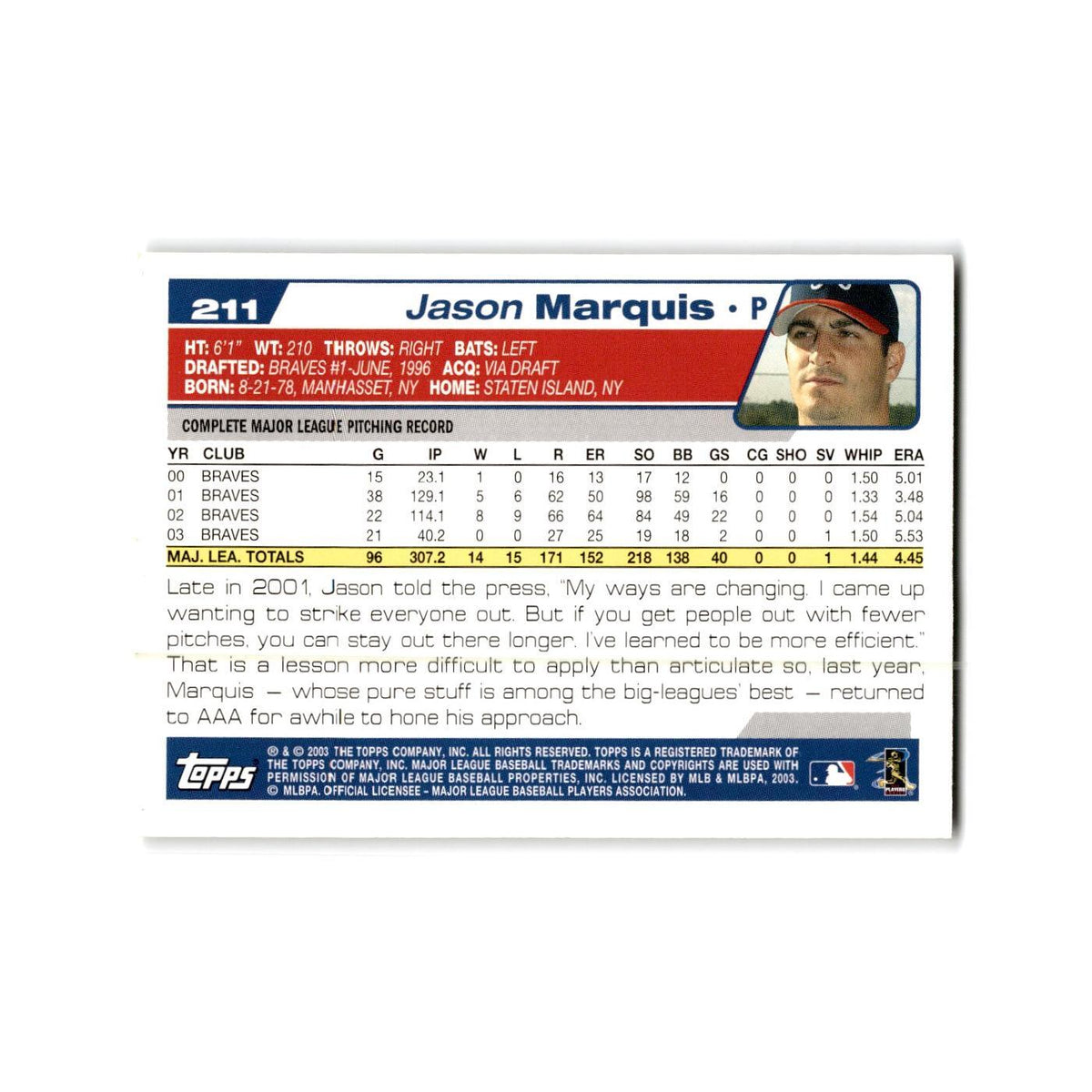 Jason Marquis 2004 Topps #211 Atlanta Braves Baseball Card NM
