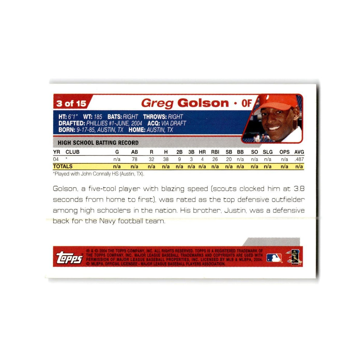 Greg Golson 2004 Topps #3 Philadelphia Phillies Baseball Card NM