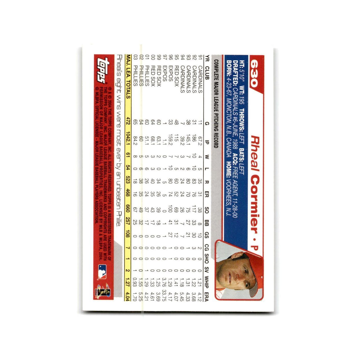 Rheal Cormier 2004 Topps #630 Philadelphia Phillies Baseball Card NM