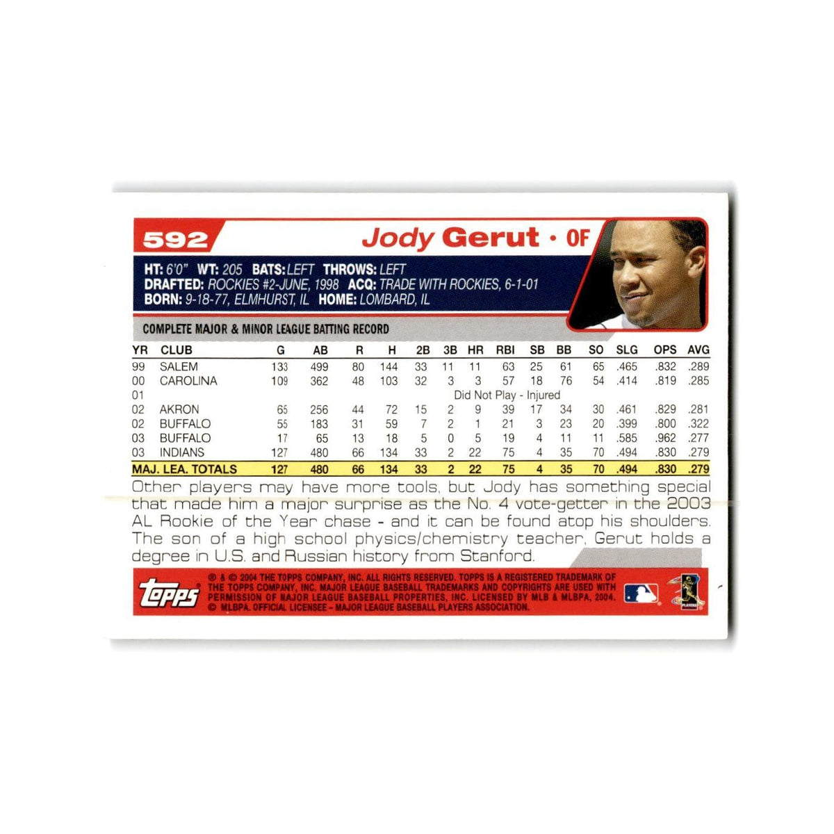 Jody Gerut 2004 Topps #592 Cleveland Indians Baseball Card NM