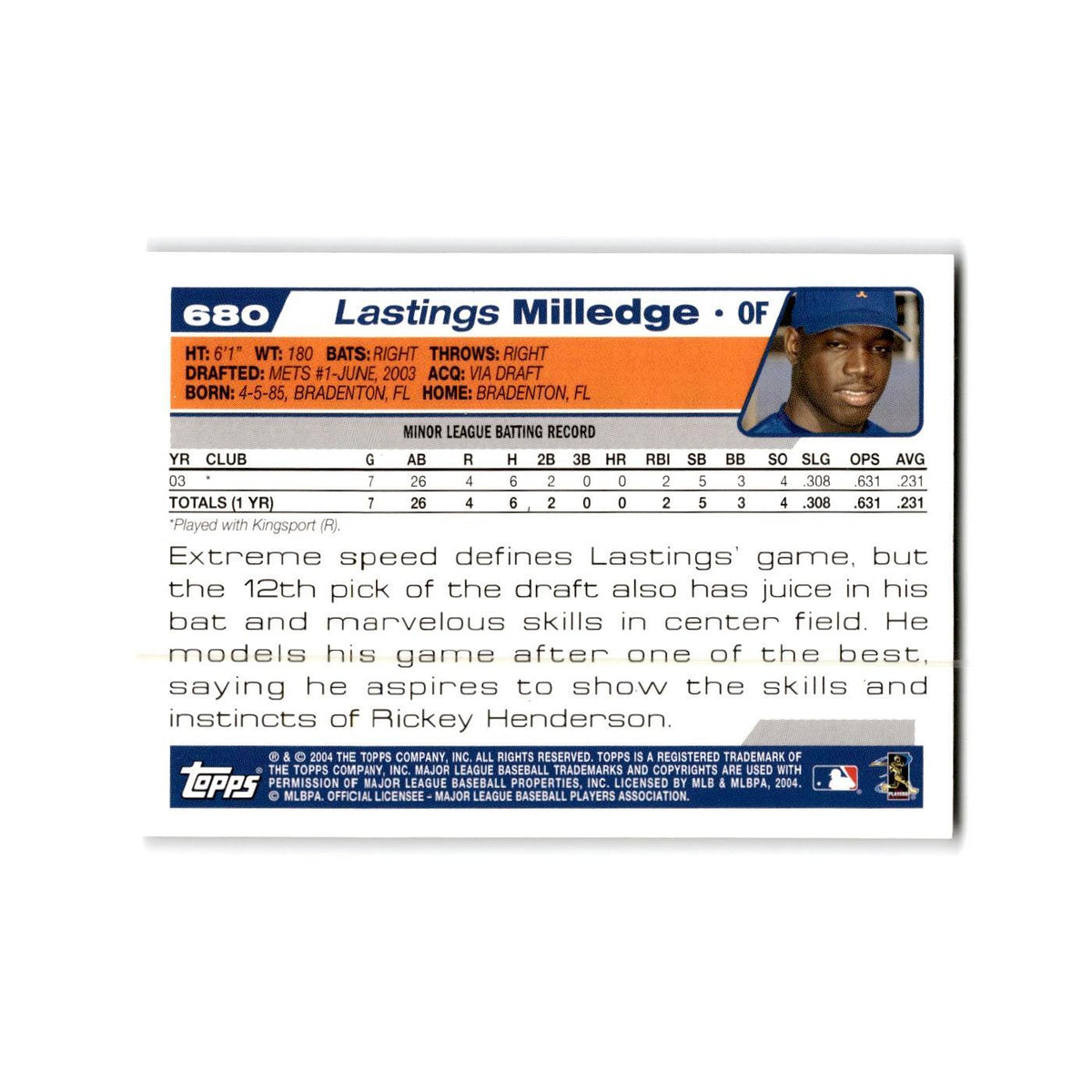 Lastings Milledge Rookie 2004 Topps #680 New York Mets Baseball Card NM