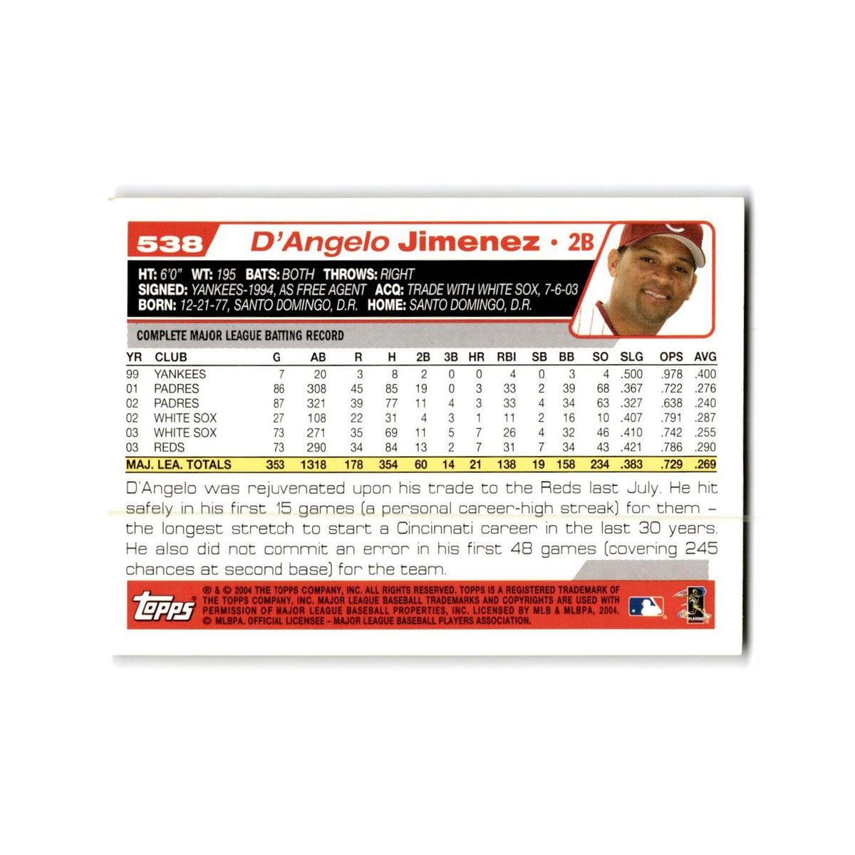 D'Angelo Jimenez 2004 Topps #538 Cincinnati Reds Baseball Card NM