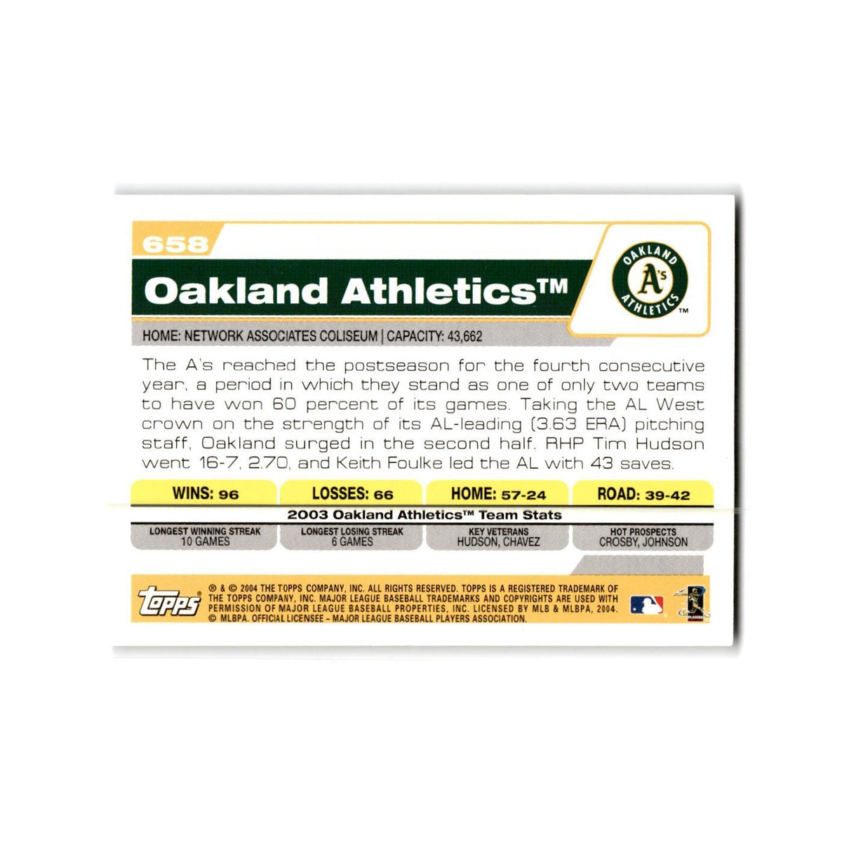 Oakland Athletics 2004 Topps #658 Oakland Athletics Baseball Card NM