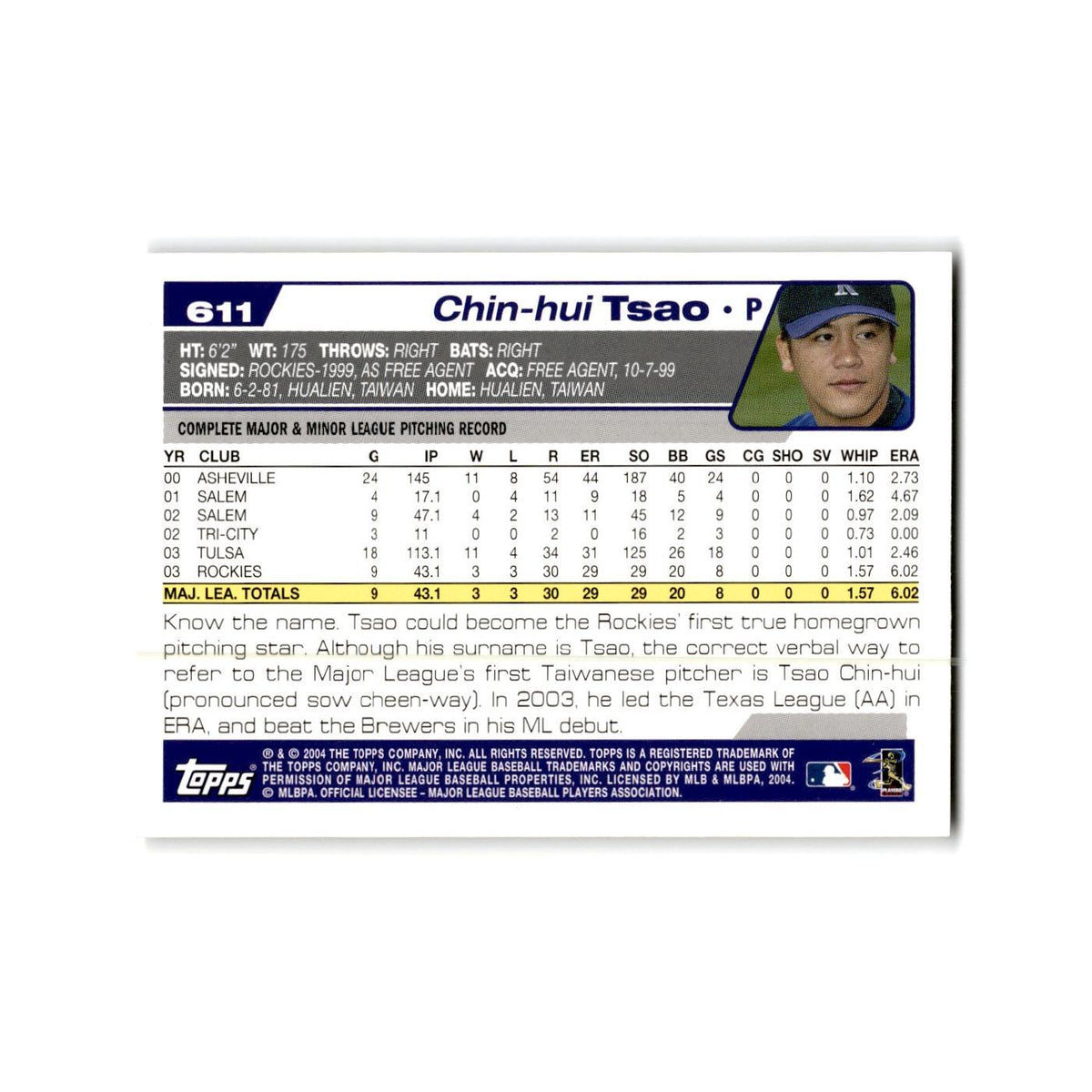 Chin-Hui Tsao 2004 Topps #611 Colorado Rockies Baseball Card NM