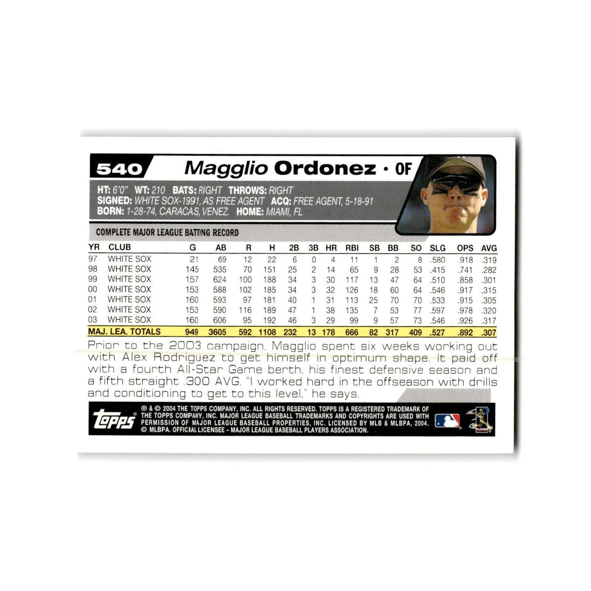Magglio Ordonez 2004 Topps #540 Chicago White Sox Baseball Card NM