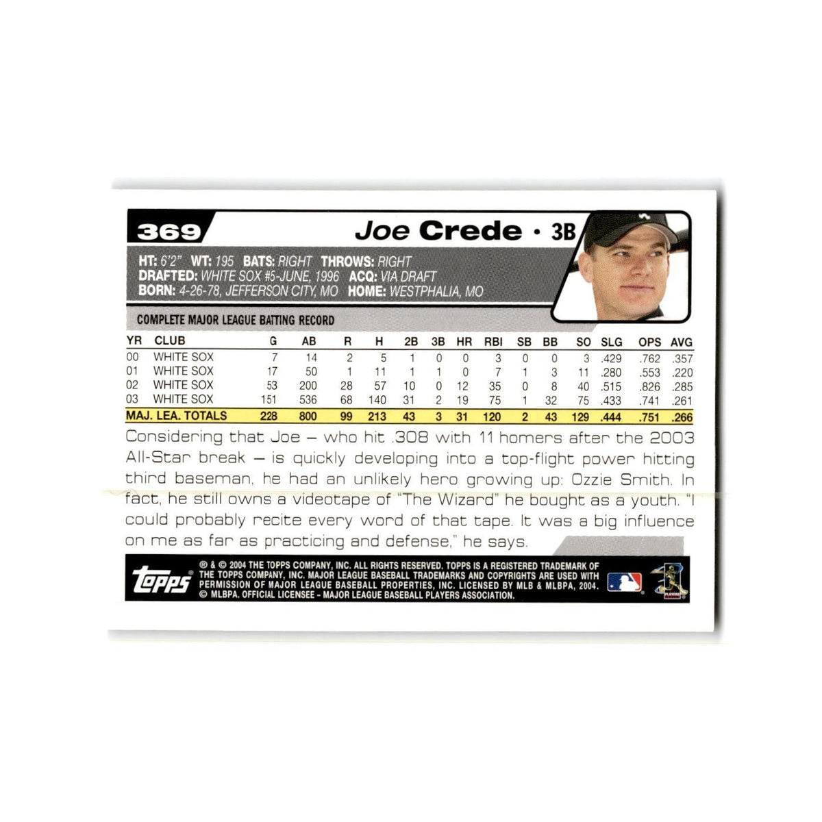 Joe Crede 2004 Topps #369 Chicago White Sox Baseball Card NM