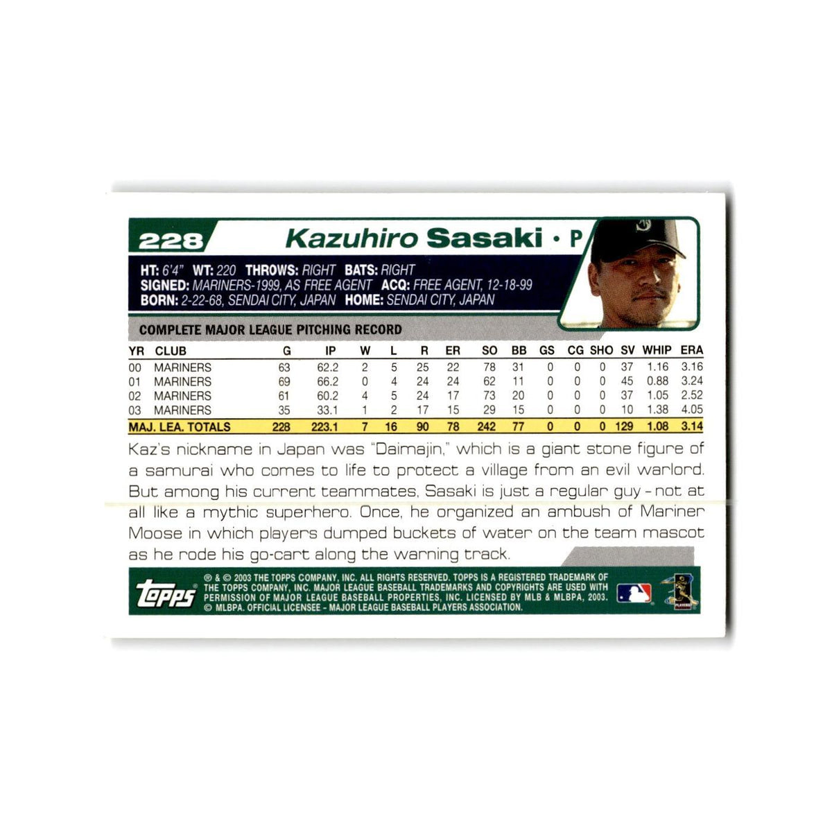 Kazuhiro Sasaki 2004 Topps #228 Seattle Mariners Baseball Card NM