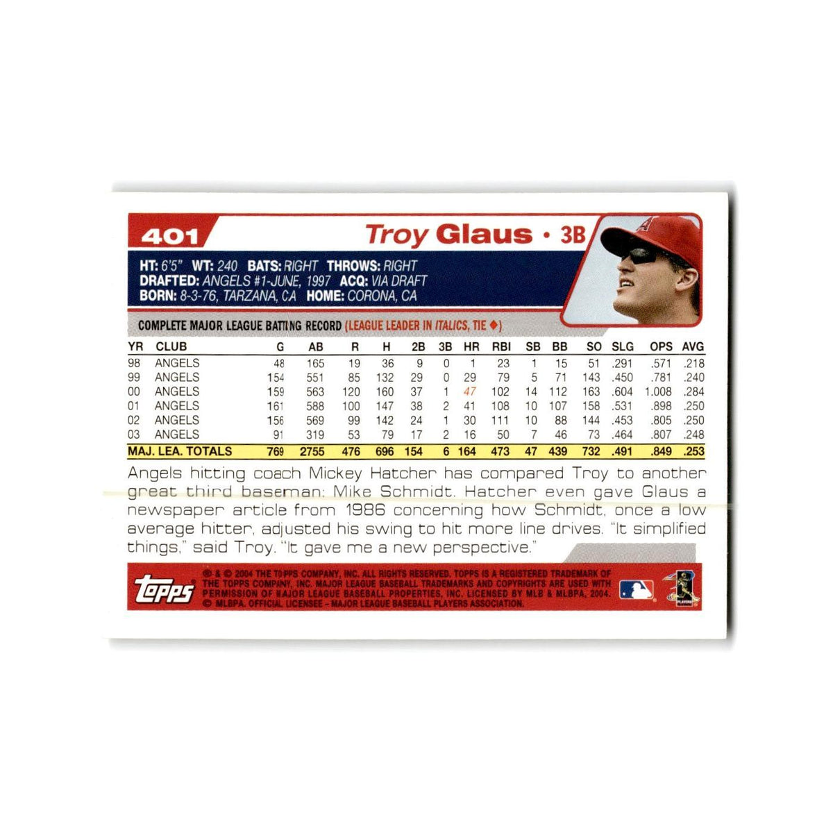 Troy Glaus 2004 Topps #401 Anaheim Angels Baseball Card NM