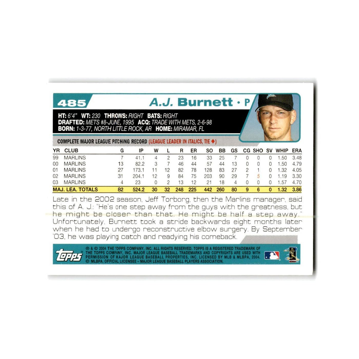 A.J. Burnett 2004 Topps #485 Florida Marlins Baseball Card NM