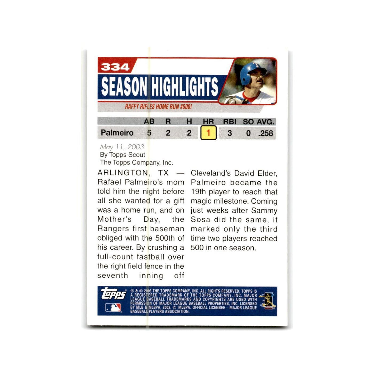 Rafael Palmeiro 2004 Topps #334 Texas Rangers Baseball Card NM