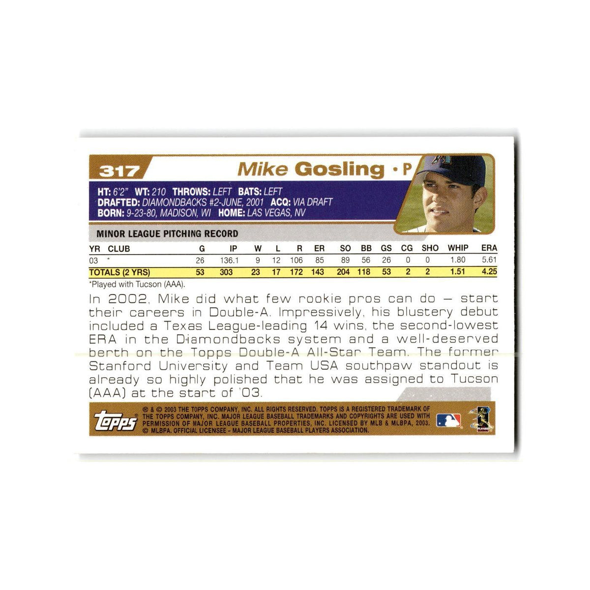 Mike Gosling Rookie 2004 Topps #317 Arizona Diamondbacks Baseball Card NM