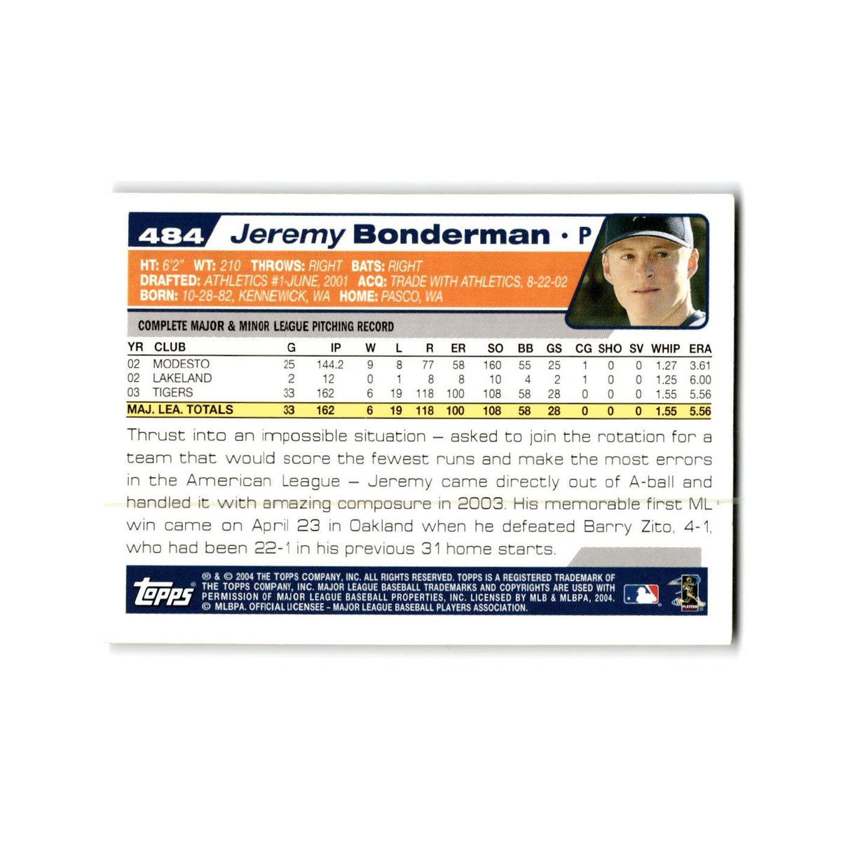Jeremy Bonderman 2004 Topps #484 Detroit Tigers Baseball Card NM
