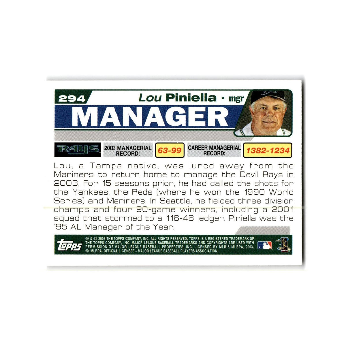 Lou Piniella 2004 Topps #294 Tampa Bay Devil Rays Baseball Card NM