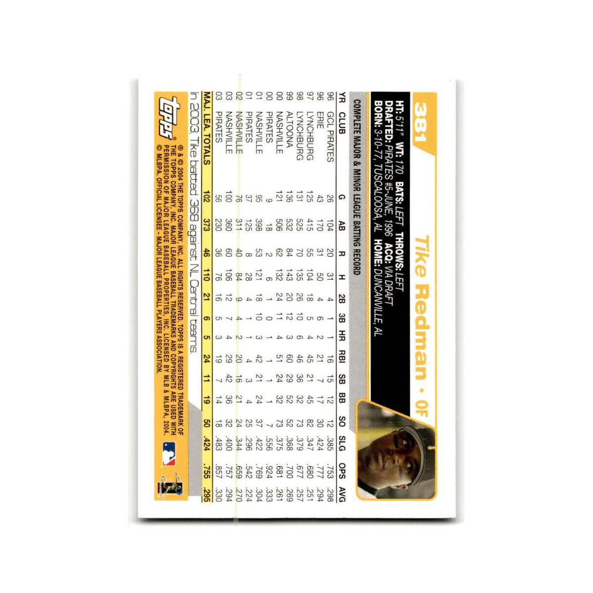 Tike Redman 2004 Topps #381 Pittsburgh Pirates Baseball Card NM