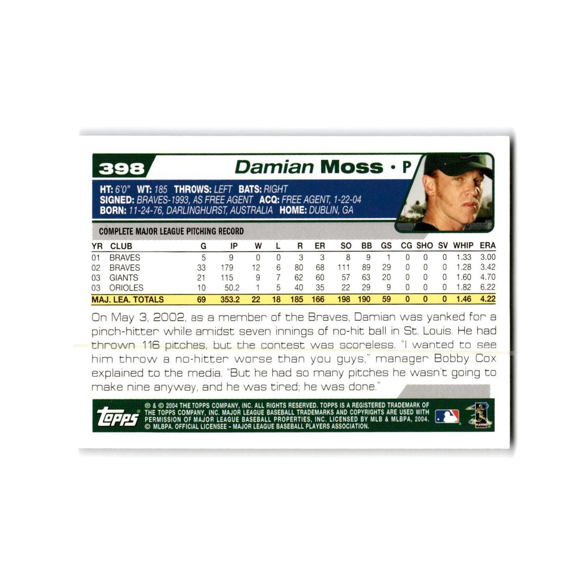 Damian Moss 2004 Topps #398 Tampa Bay Devil Rays Baseball Card NM