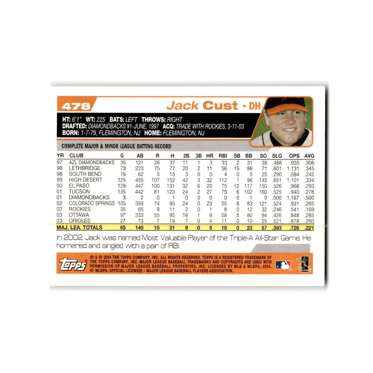 Jack Cust 2004 Topps #478 Baltimore Orioles Baseball Card NM