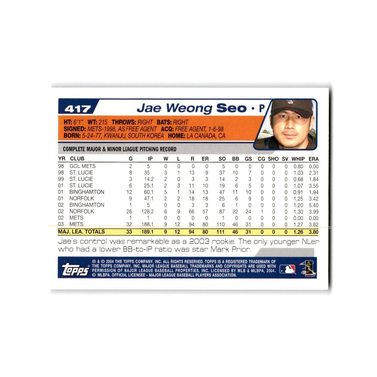 Jae Weong Seo 2004 Topps #417 New York Mets Baseball Card NM