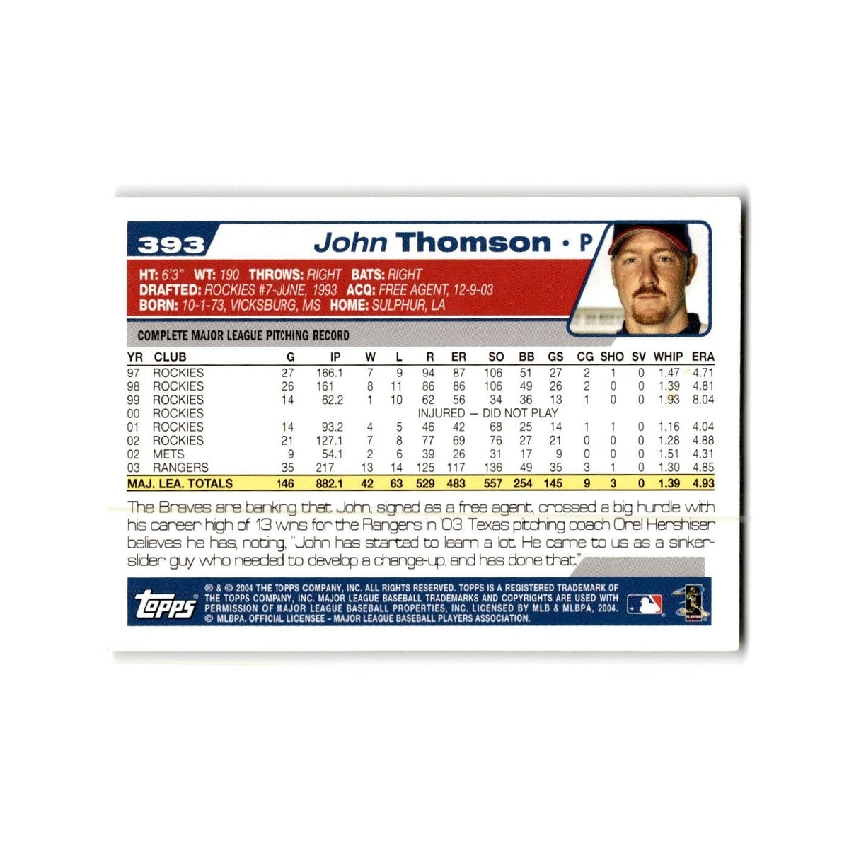 John Thomson 2004 Topps #393 Atlanta Braves Baseball Card NM