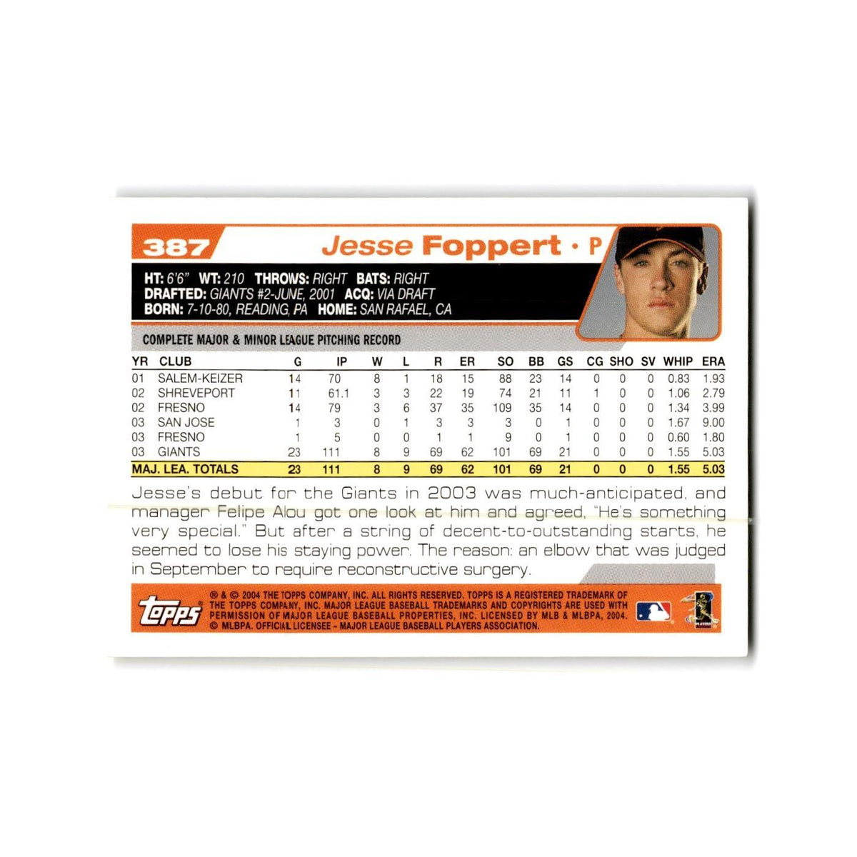 Jesse Foppert 2004 Topps #387 San Francisco Giants Baseball Card NM