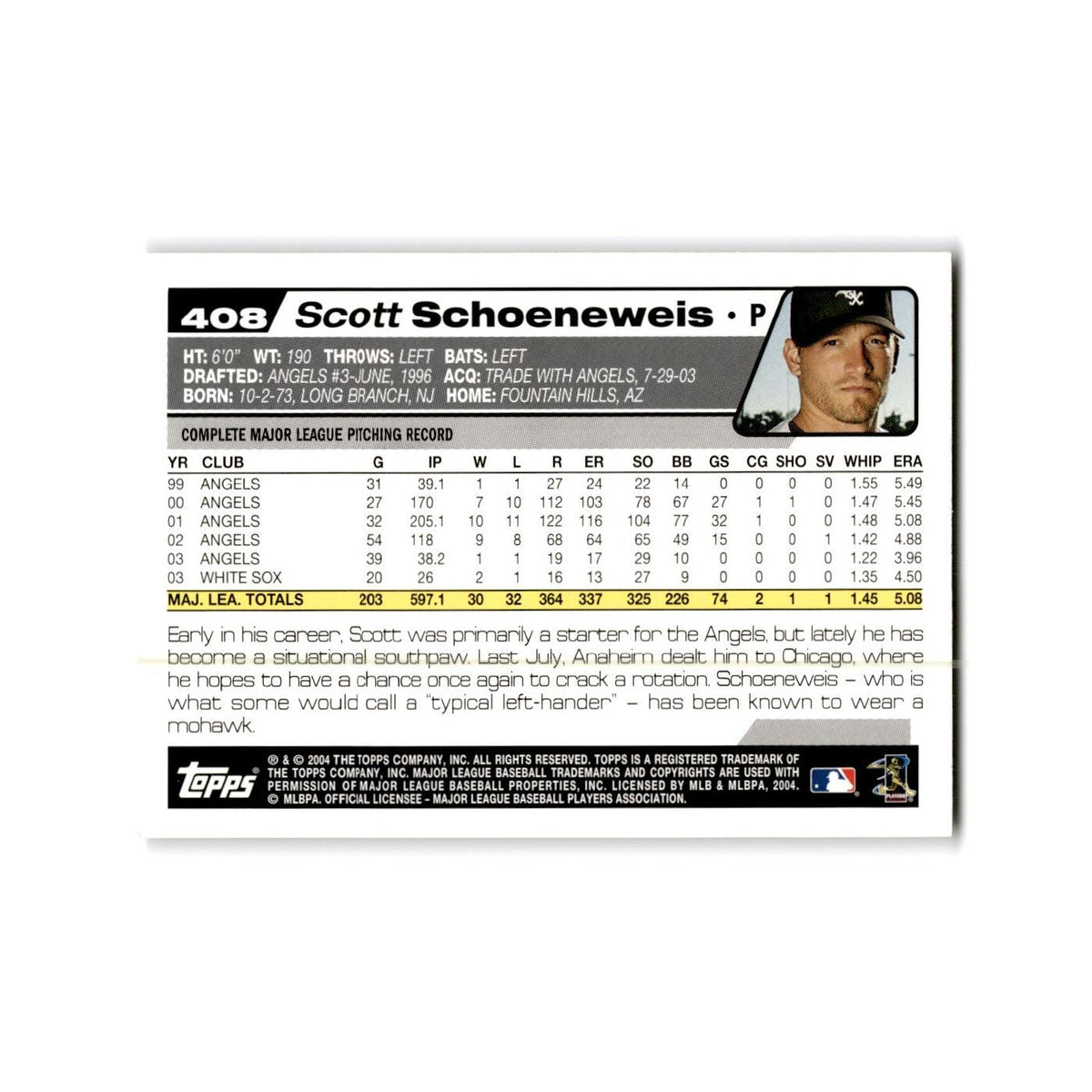 Scott Schoeneweis 2004 Topps #408 Chicago White Sox Baseball Card NM