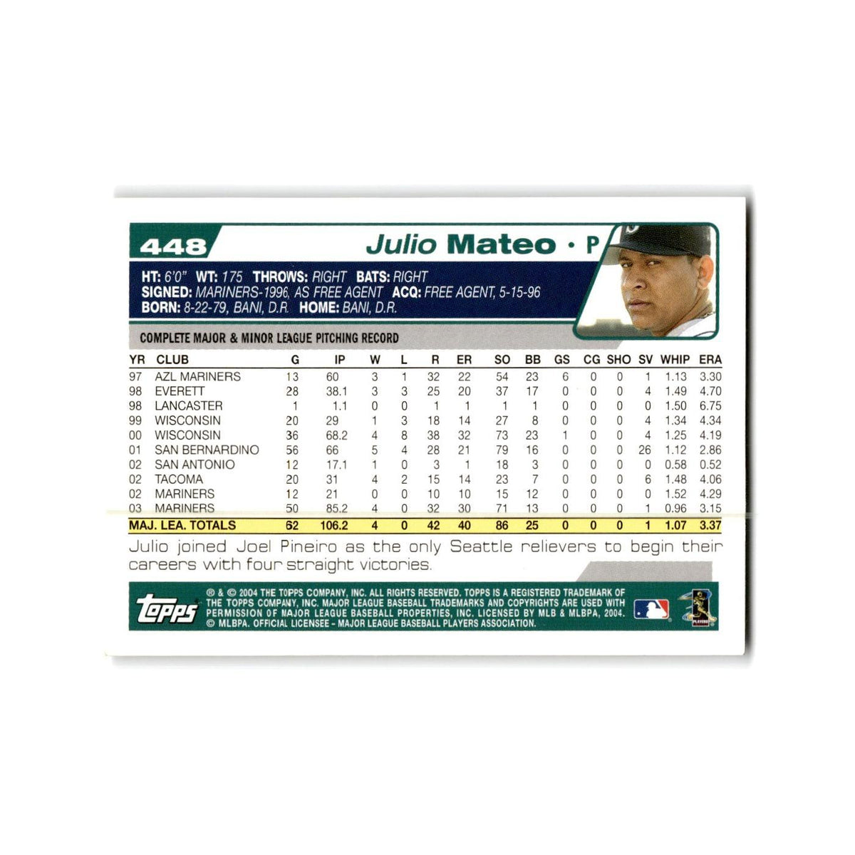 Julio Mateo 2004 Topps #448 Seattle Mariners Baseball Card NM