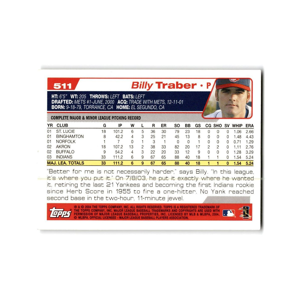 Billy Traber 2004 Topps #511 Cleveland Indians Baseball Card NM