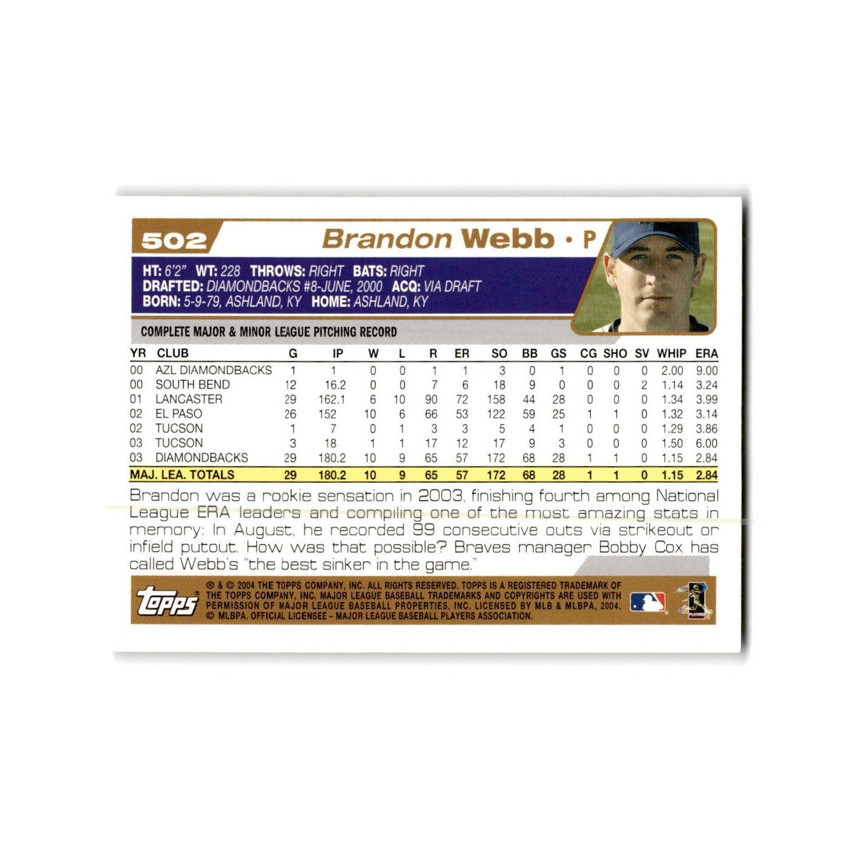 Brandon Webb 2004 Topps #502 Arizona Diamondbacks Baseball Card NM