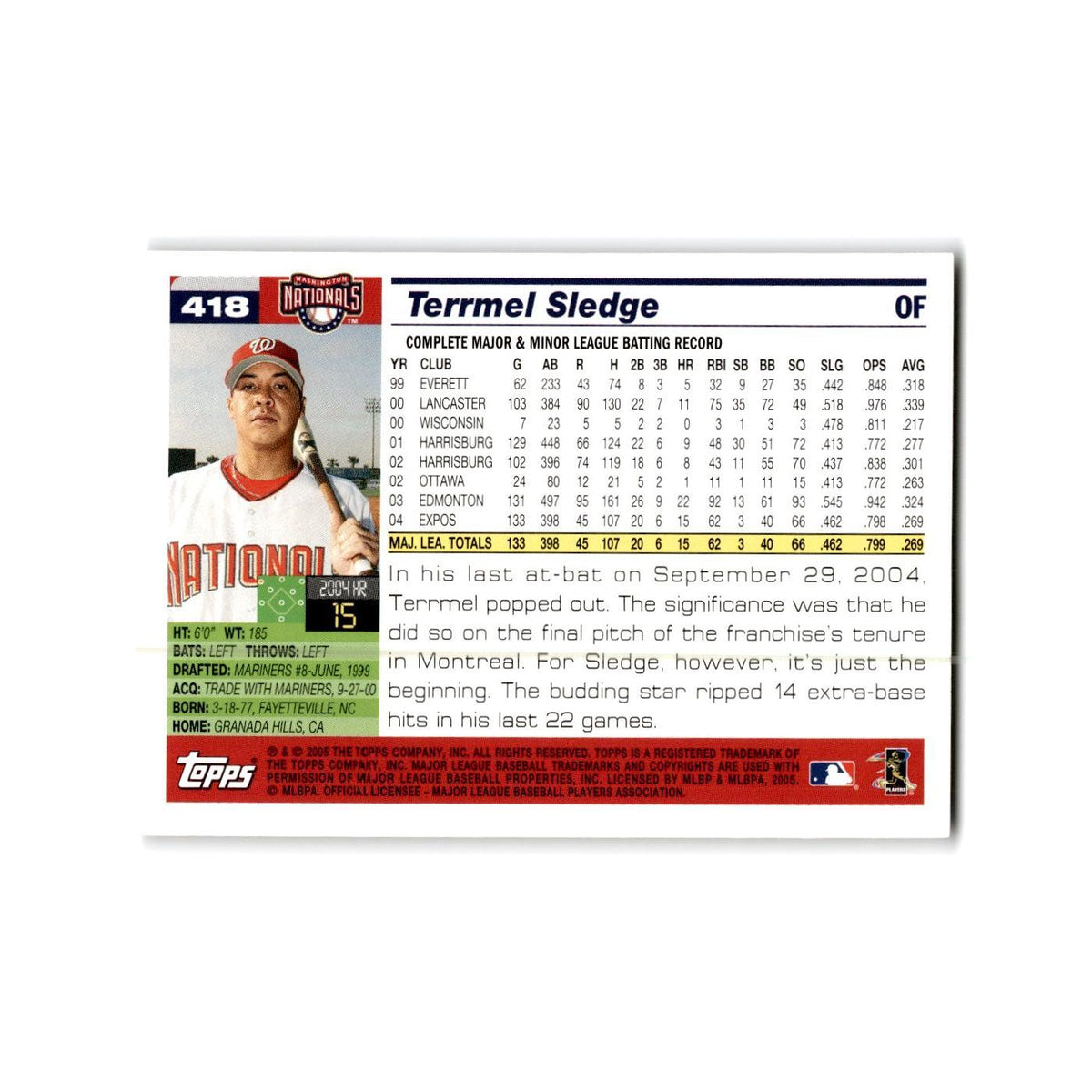 Terrmel Sledge 2005 Topps #418 Washington Nationals Baseball Card NM