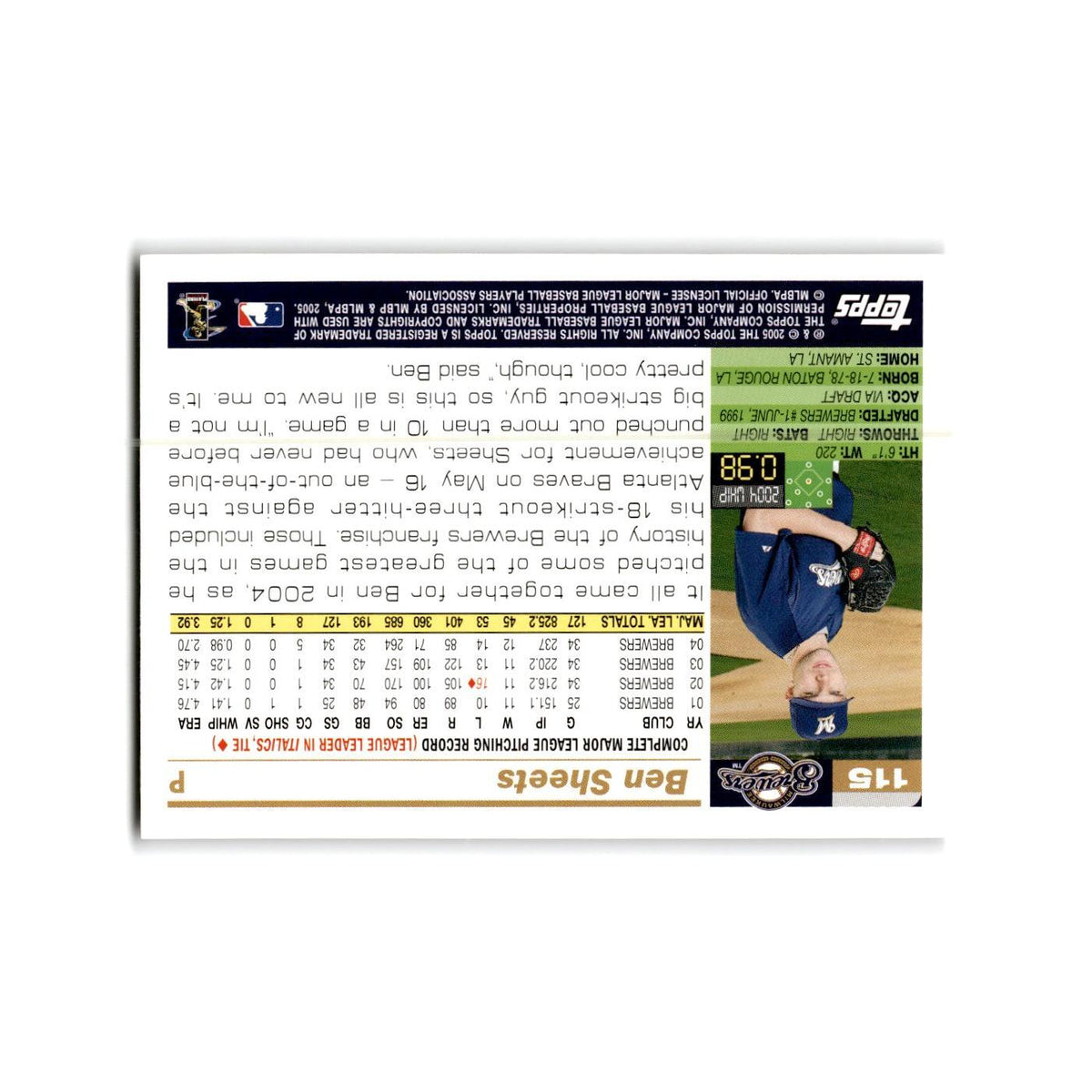 Ben Sheets Opening Day 2005 Topps #115 Milwaukee Brewers Baseball Card NM